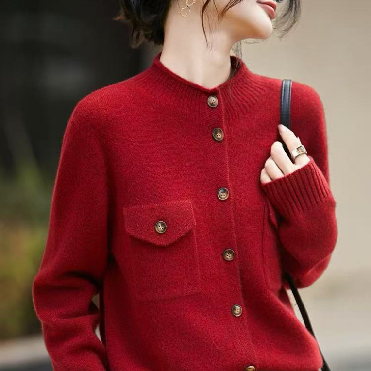 女士宽松超细羊毛带兜卷边开衫