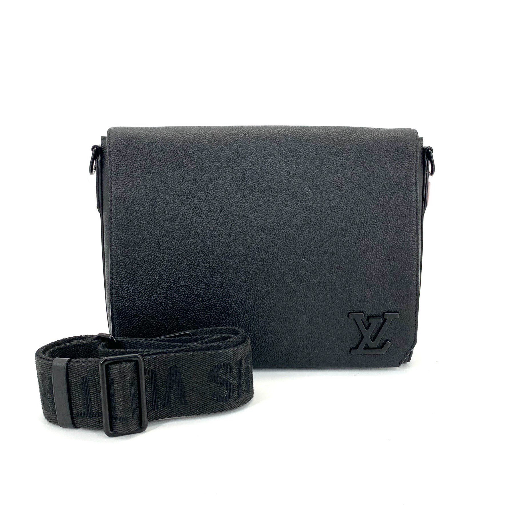 99新 LouisVuitton/路易威登 Takeoff黑色全皮翻盖邮差包 尺28/24