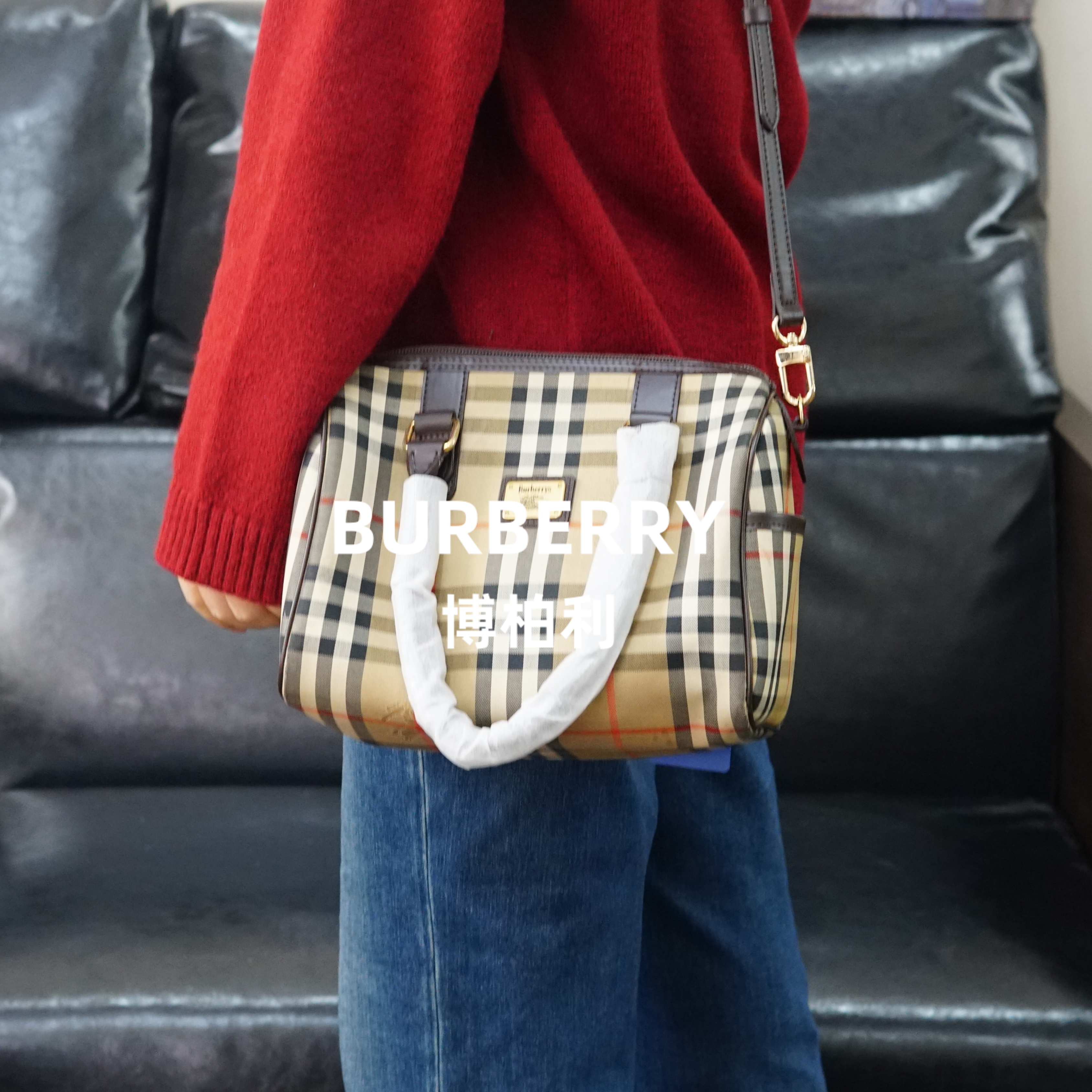 95新 BURBERRY/博柏利 格纹拼皮斜跨波士顿包/JJ12828508/8508