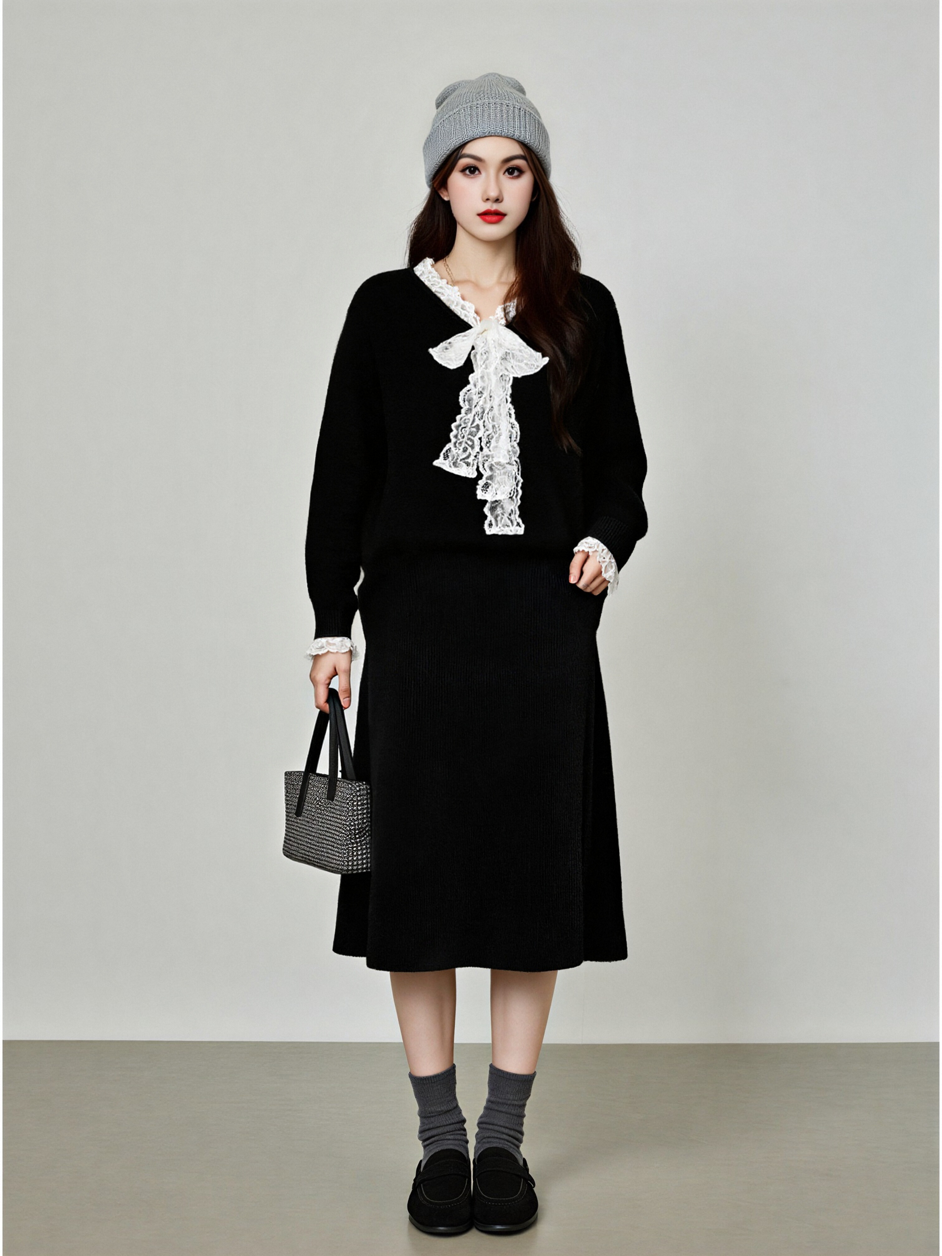 大码女装设计感花边v领绑带上衣2025冬胖mm气质针织衫女毛衣