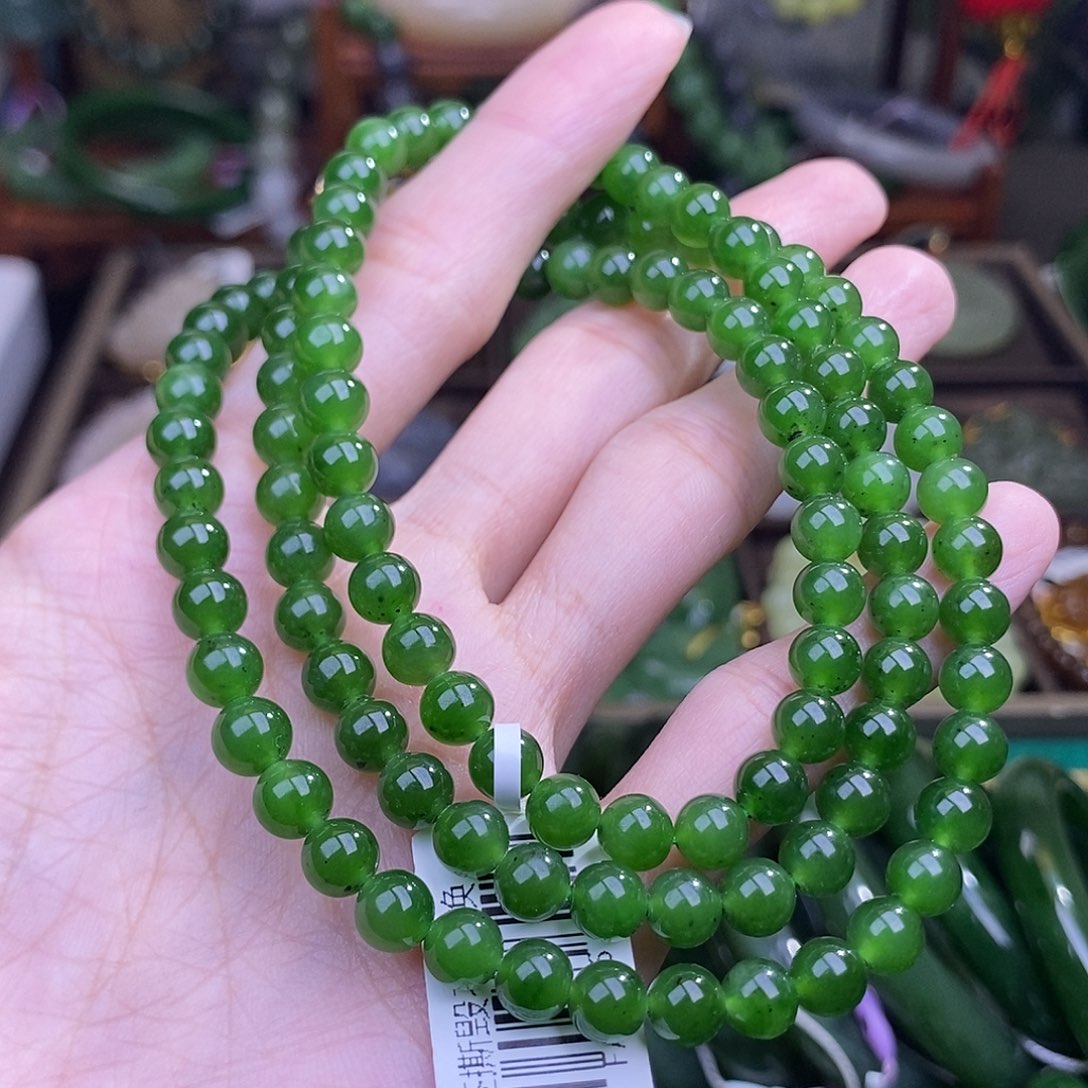 和田玉碧玉银镶项链6MM未镶嵌