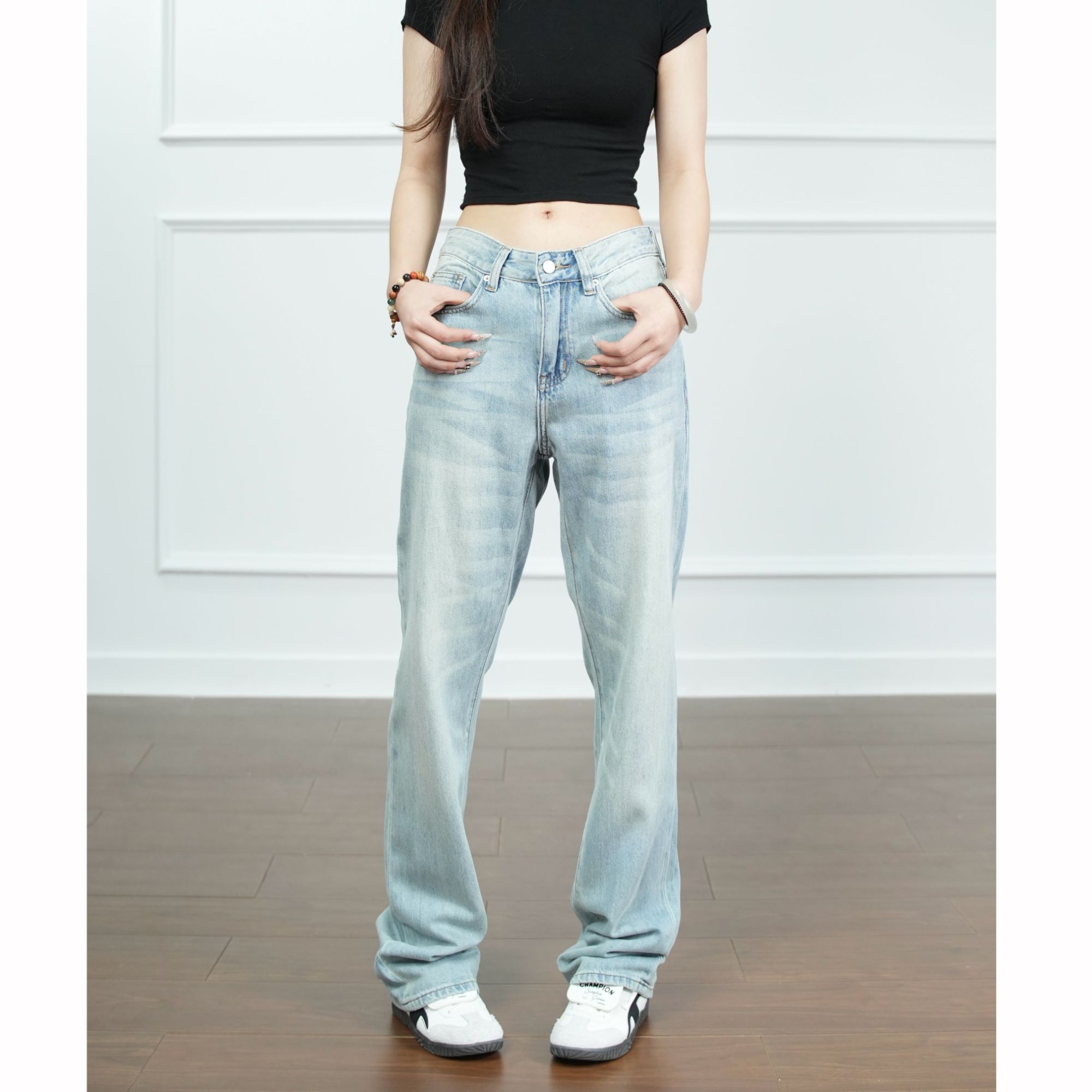 3ino美式复古浅色水洗牛仔裤男女直筒微喇宽松阔腿长裤G6433