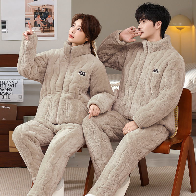 【升级加厚】波纹纯色加厚冬季立领睡衣家居服套装大码情侣套装宽松