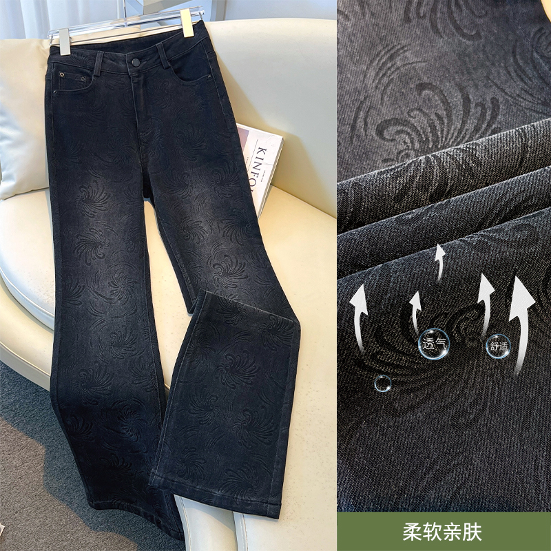 2025秋季新款百搭筒裤柔软口袋拉链水洗牛仔裤黑色高腰休闲微喇裤