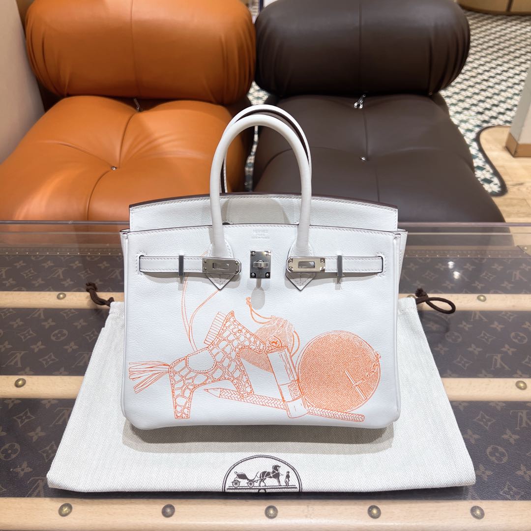 99新 Hermes/爱马仕 birkin25 in and out 白色涂鸦 银扣s皮 B刻 