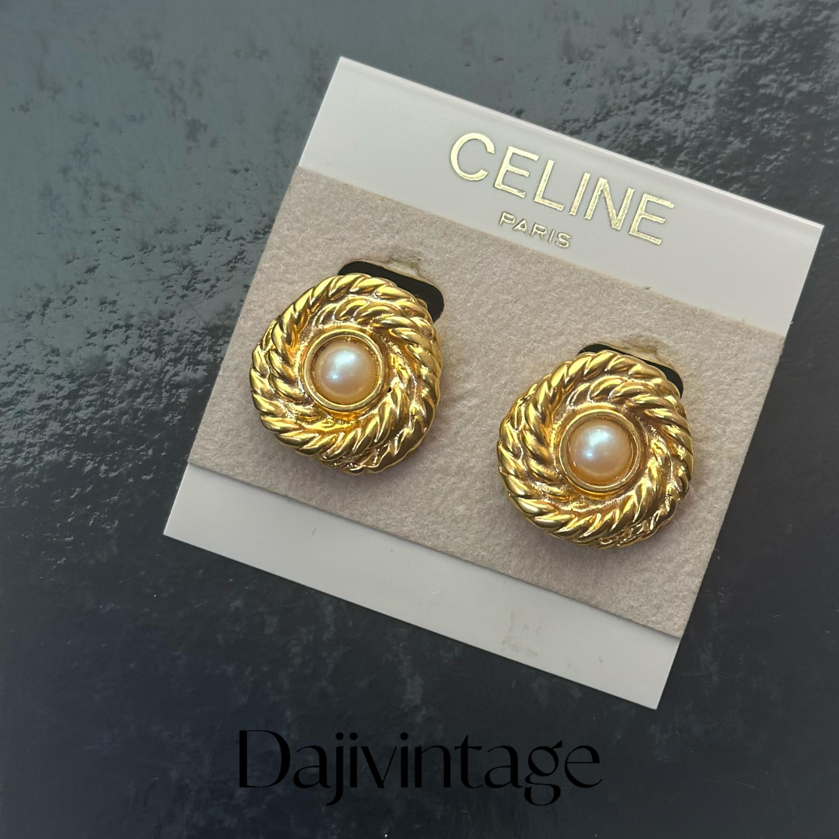 99新 Celine/思琳 大吉中古/瑟琳编织麻花圆形珍珠耳夹