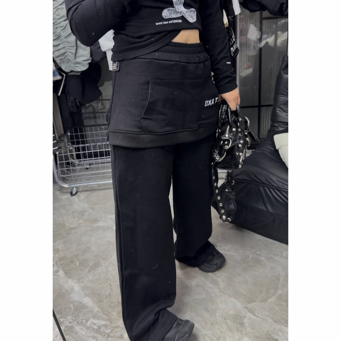 韩国涂鸦假两件卫衣裤直筒毛圈棉