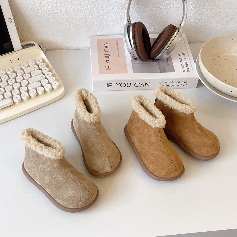 2025秋冬新款儿童简约风后拉链女翻边冬季防滑棉靴棉鞋软底童鞋