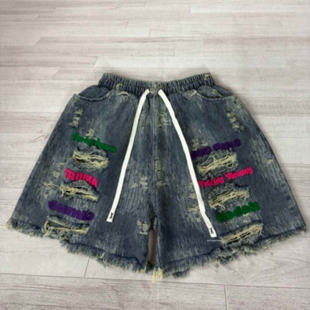 夏季彩色破洞水洗牛仔休闲潮牌女裤