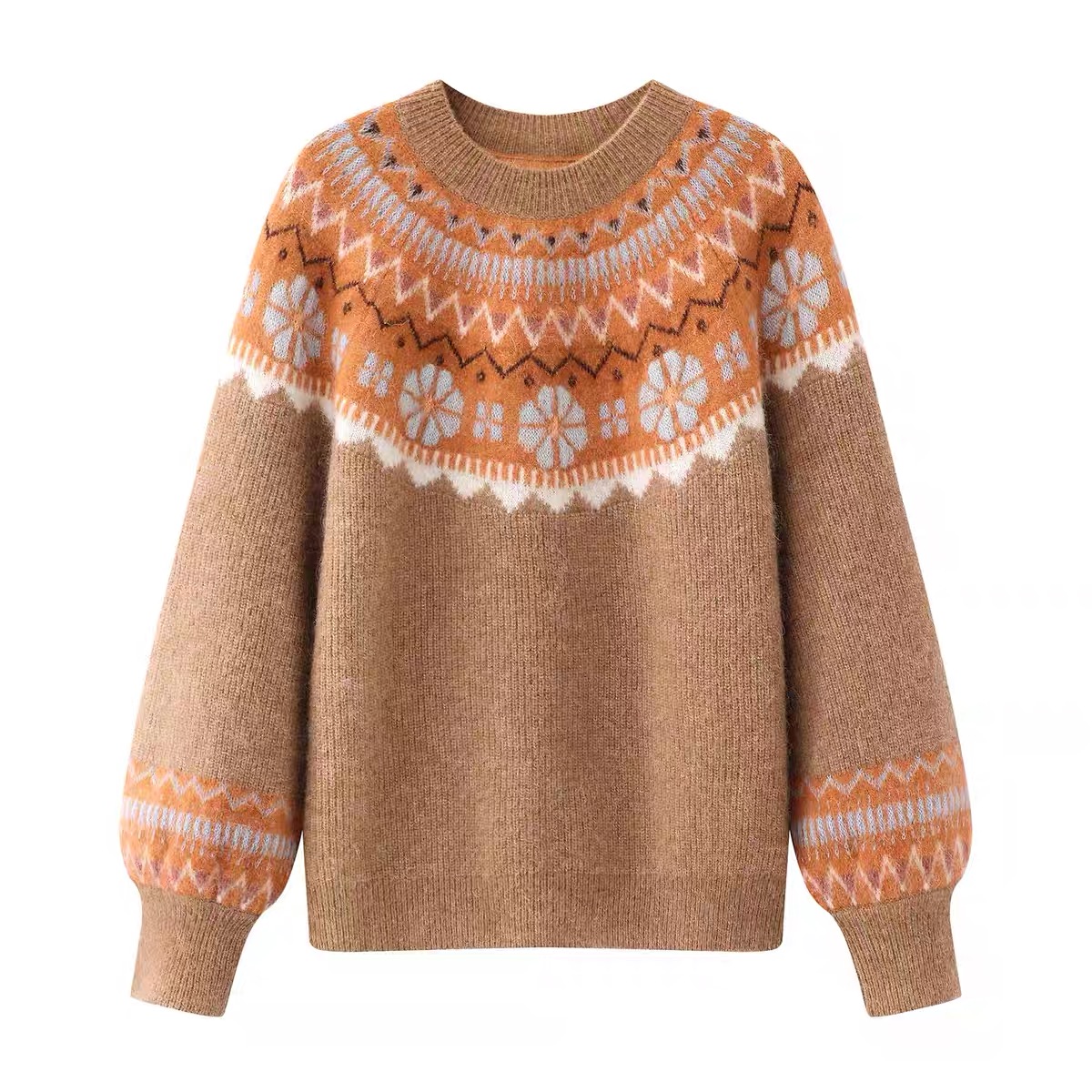 【时髦】秋冬新款百搭复古提花费尔岛慵懒风圆领针织套头衫3037