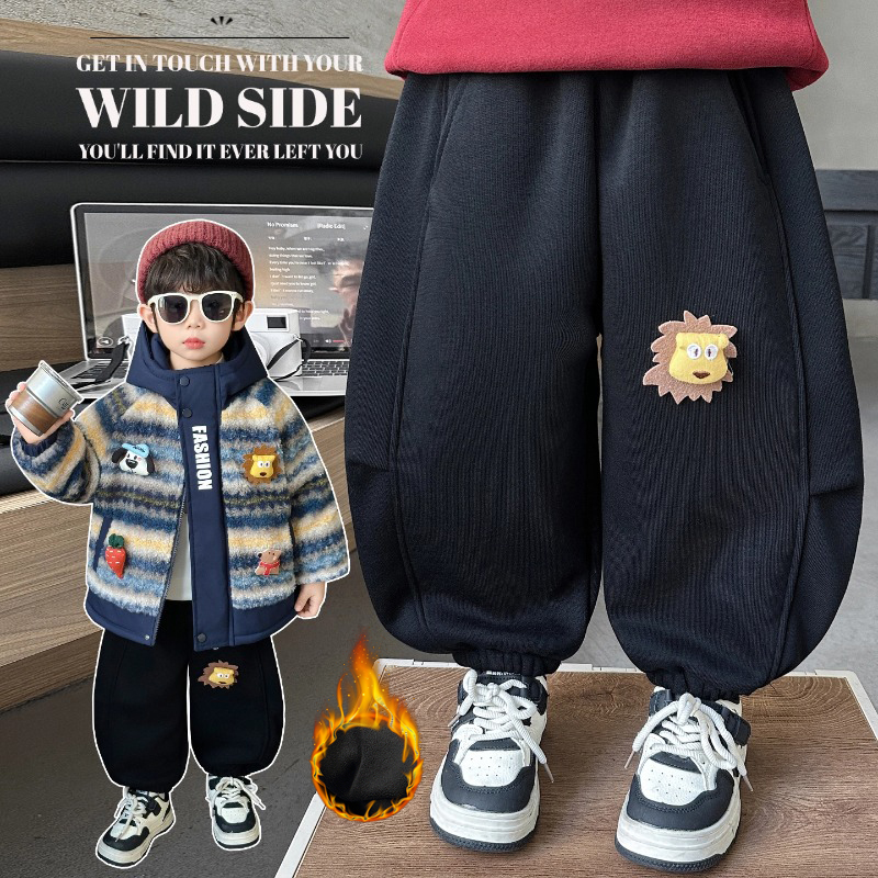 拉夏贝尔儿童新款冬季加绒加厚弯刀裤百搭男童一体绒裤子酷LD1020