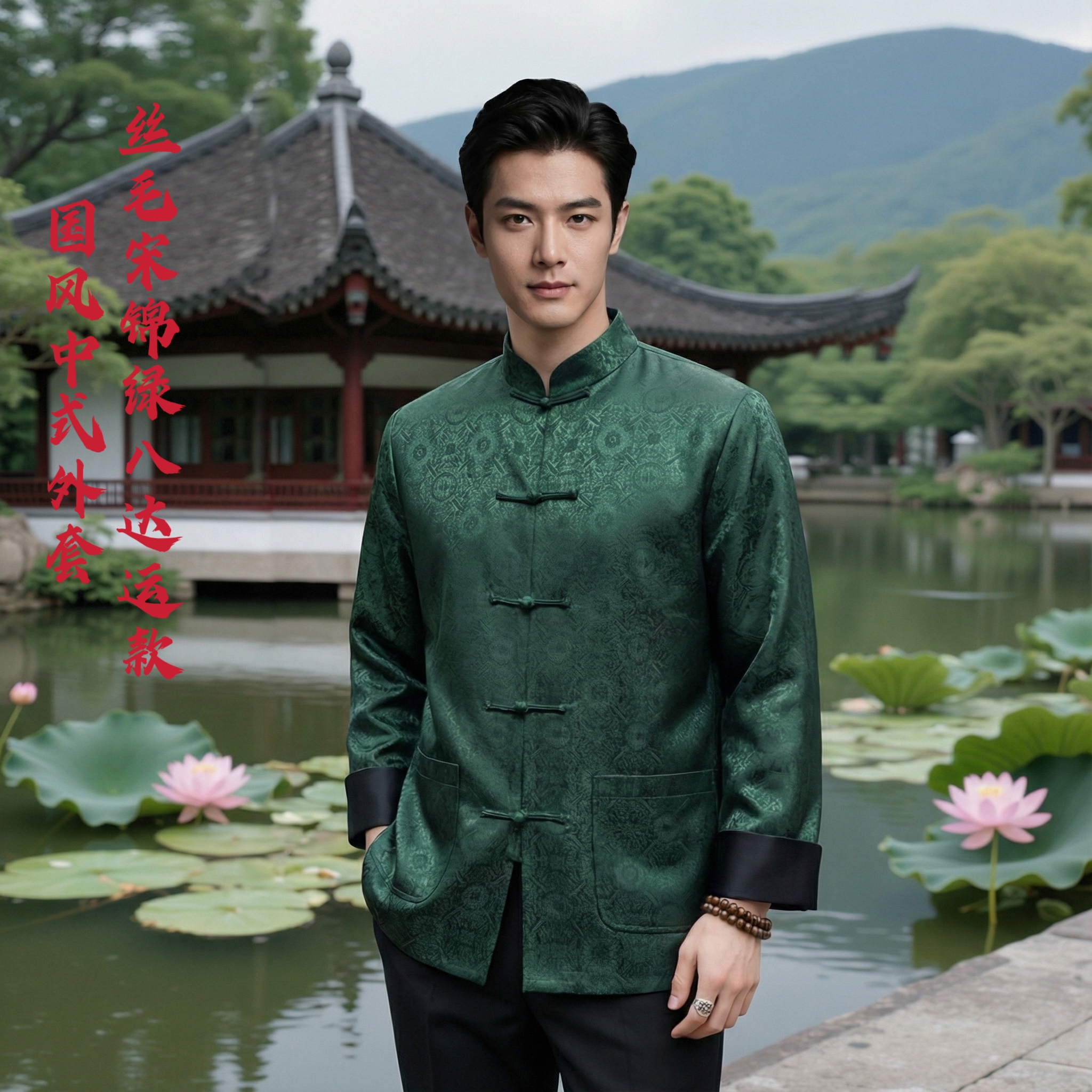 九吉多多男装宋锦八达运中国风男士时尚休闲长袖立领外套82502
