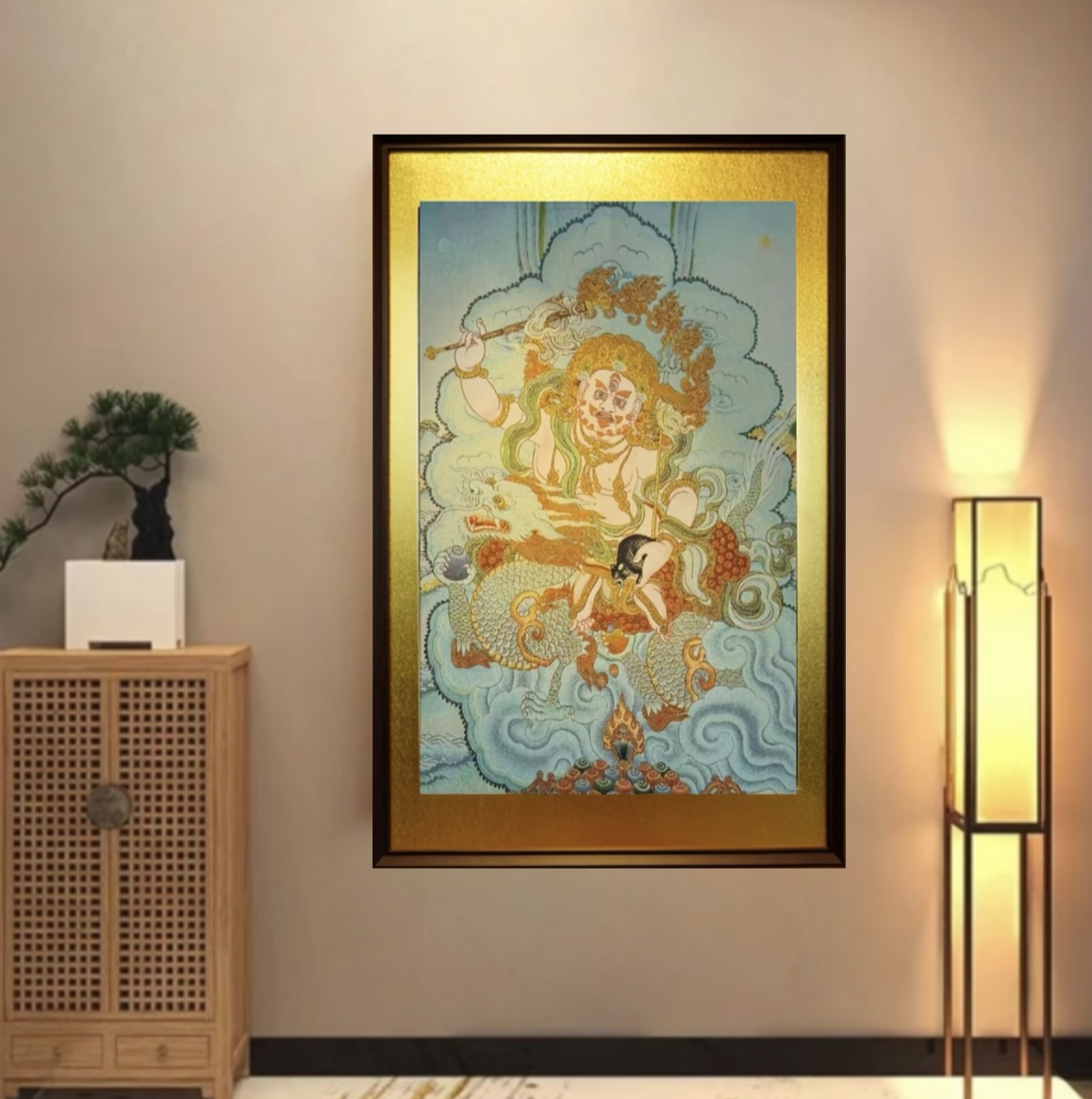 唐卡材质（白财神）挂画高档装裱玄关高端茶室办公室背景墙装饰画