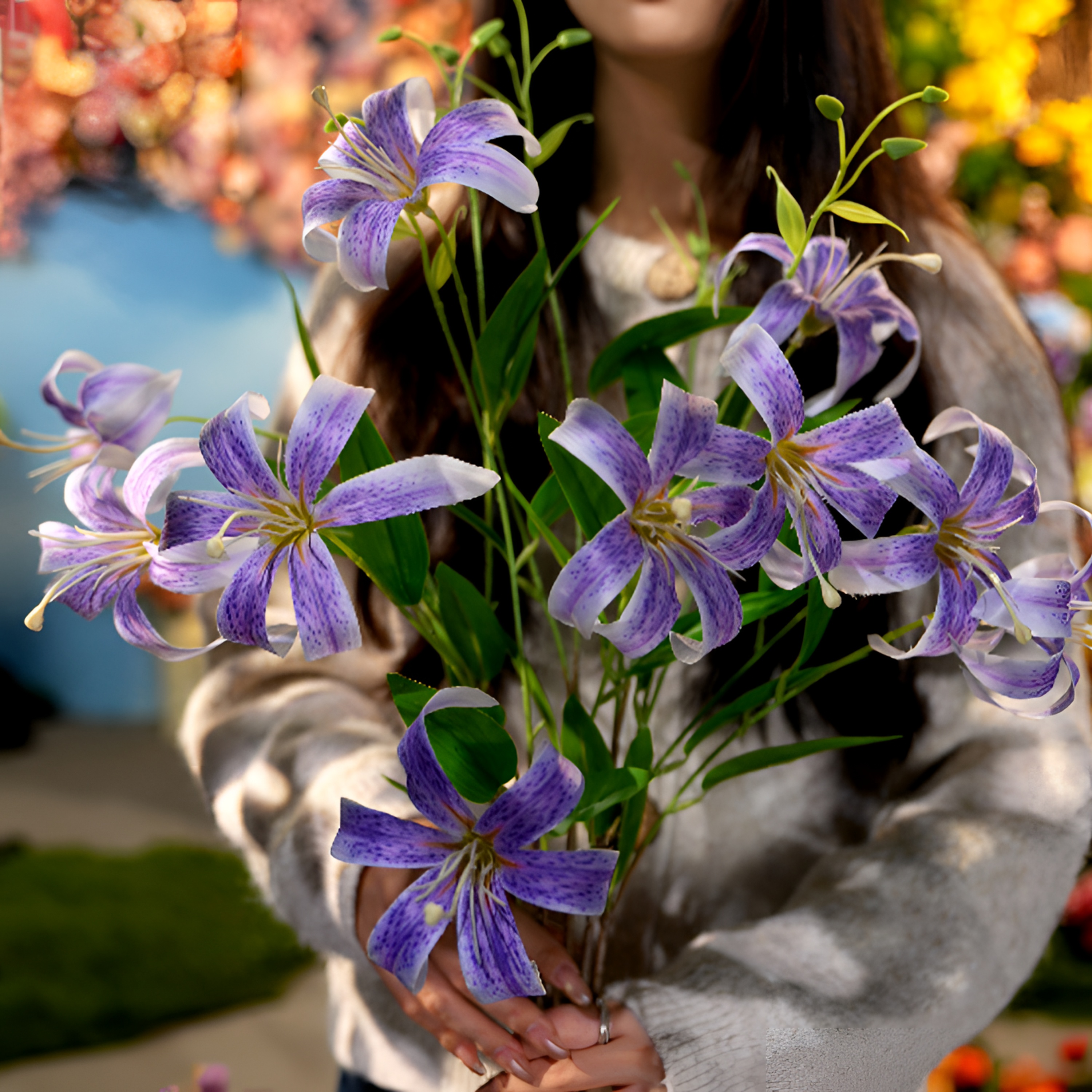 复古仿真星染渐变色金边百合花束 家居装饰仿真2头油画百合花