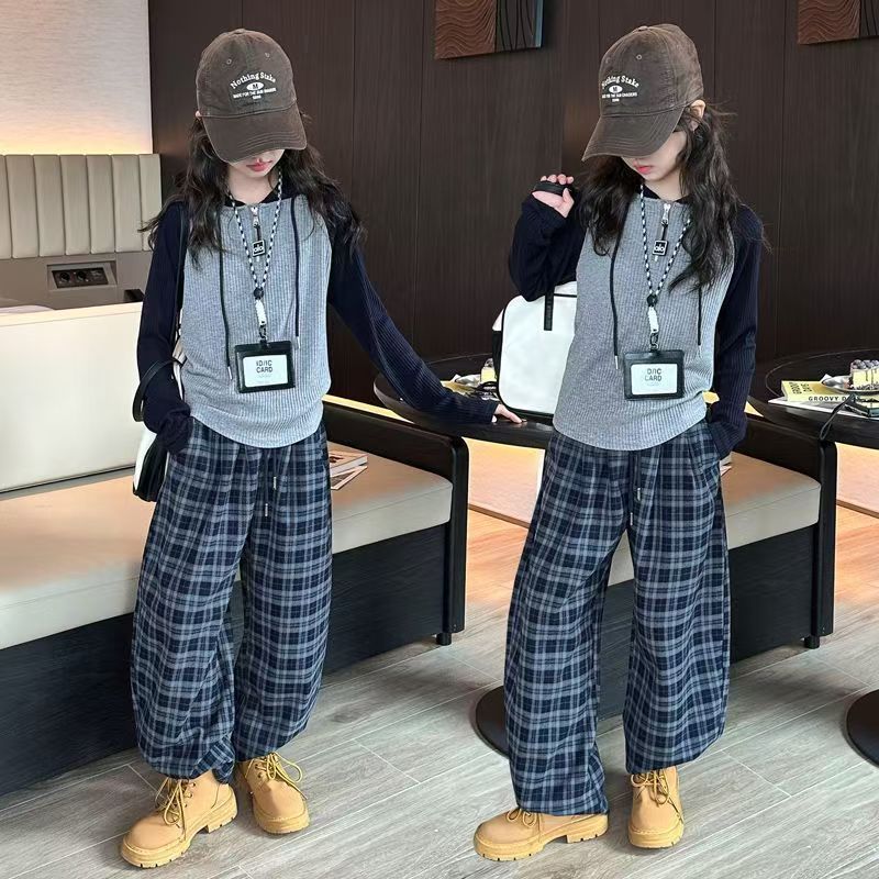 休闲女童秋季拼色春秋常规套头套装洋气网红上衣阔腿格子裤