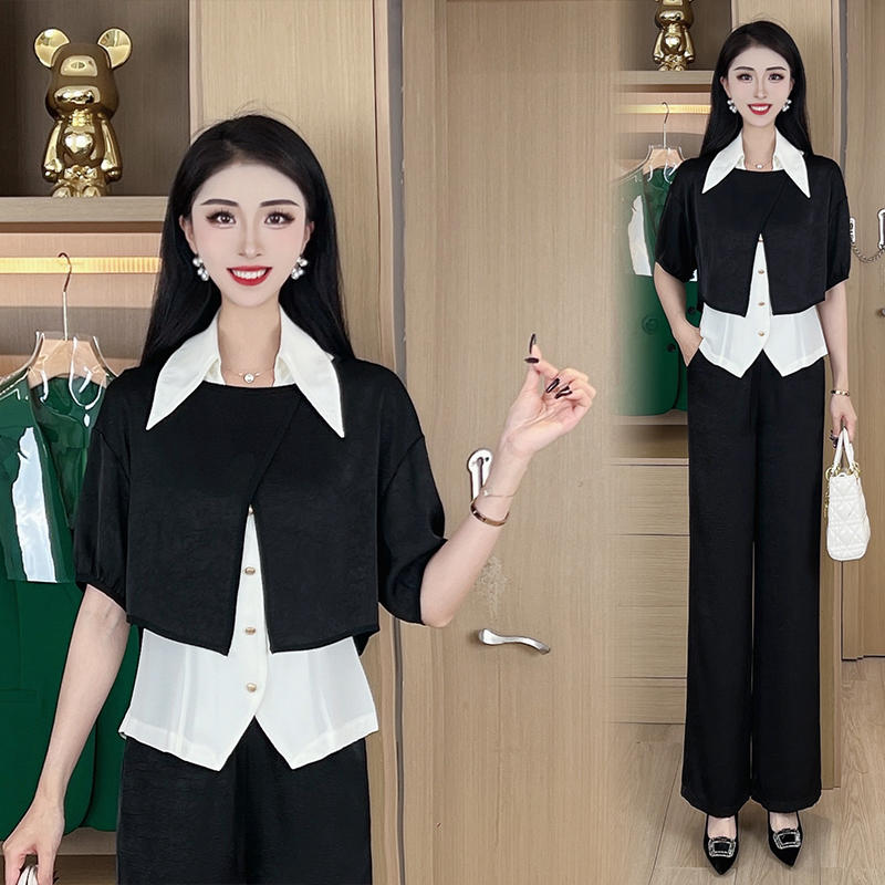 时尚洋气2025夏季新款五分袖大翻领披肩白衫阔腿裤三件套女YF63