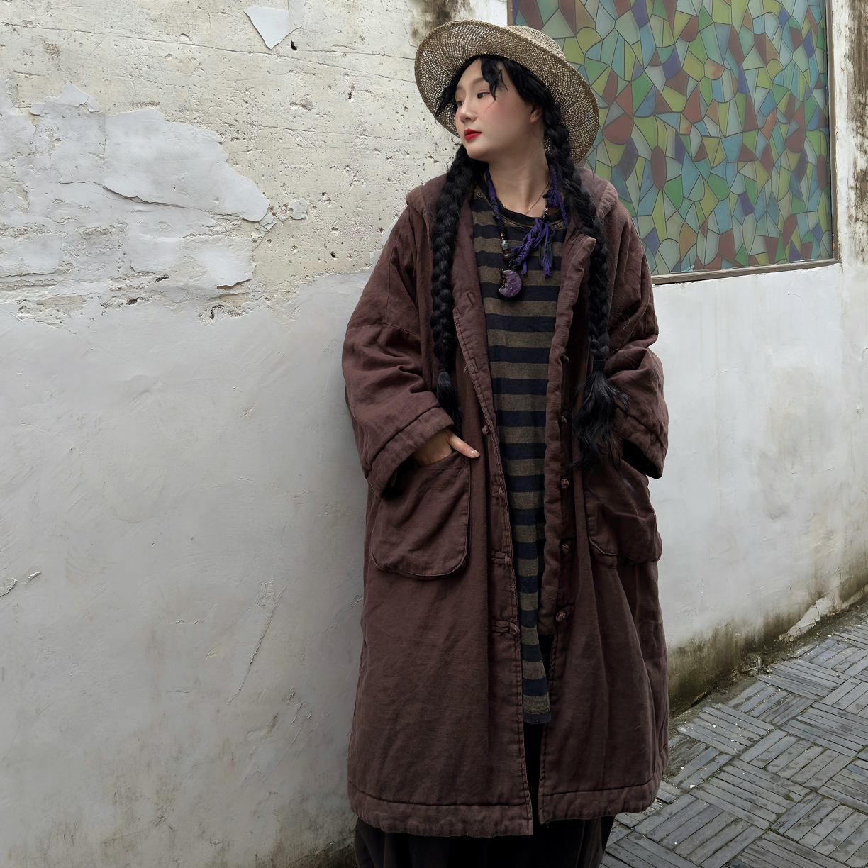 【依豆麻衣】秋冬新款宽松连帽复古长款棉服棉衣