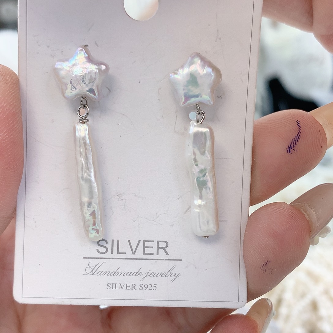 银S925镶嵌耳饰淡水珍珠银条