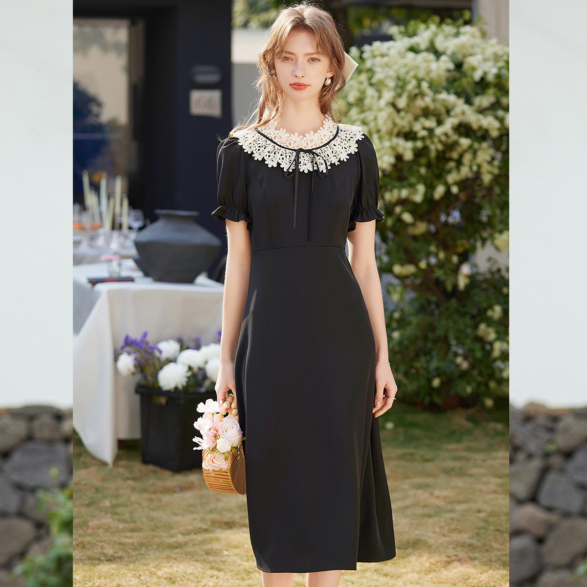 【黄蓉推荐】&白鹿语气质复古花边圆领连衣裙女WYU20051