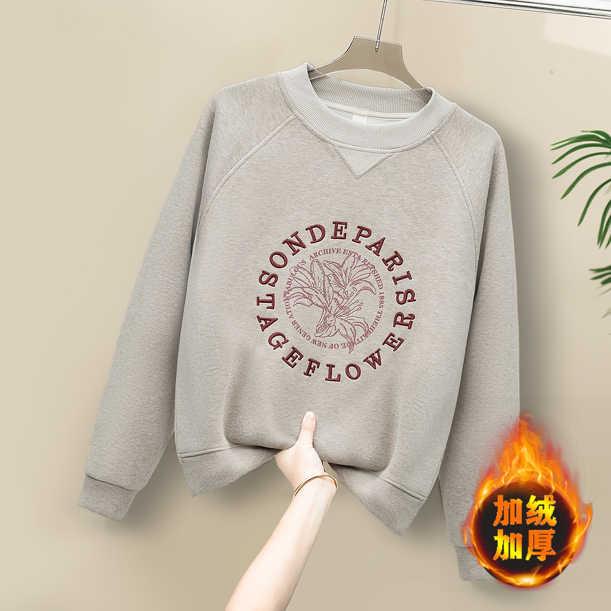 女士长袖刺绣款冬季韩版百搭卫衣女加绒加厚圆领洋气小个子卫衣