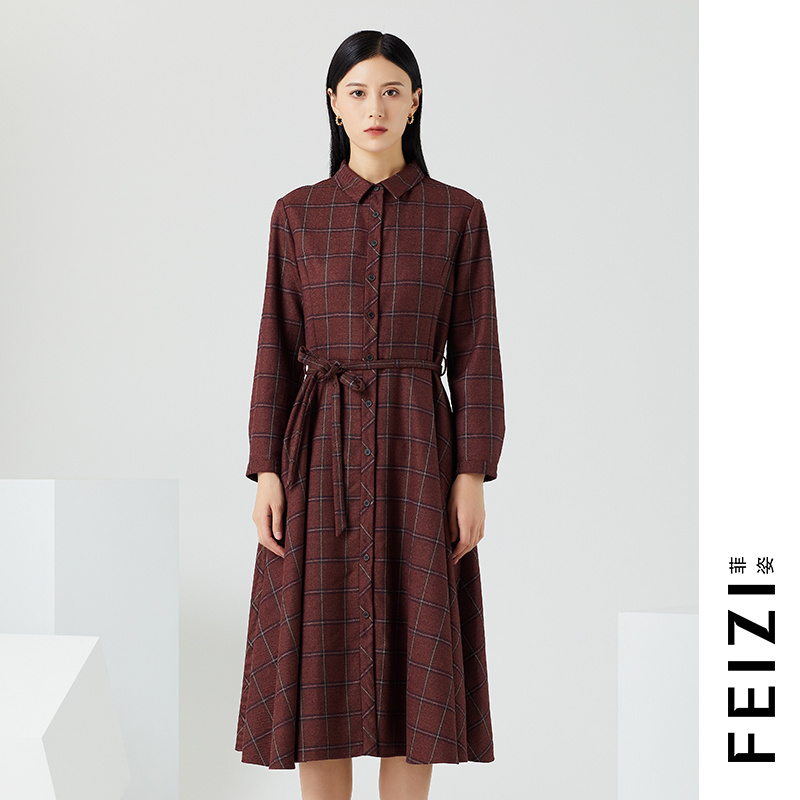 菲姿FEIZI冬季复古格纹连衣裙1W447
