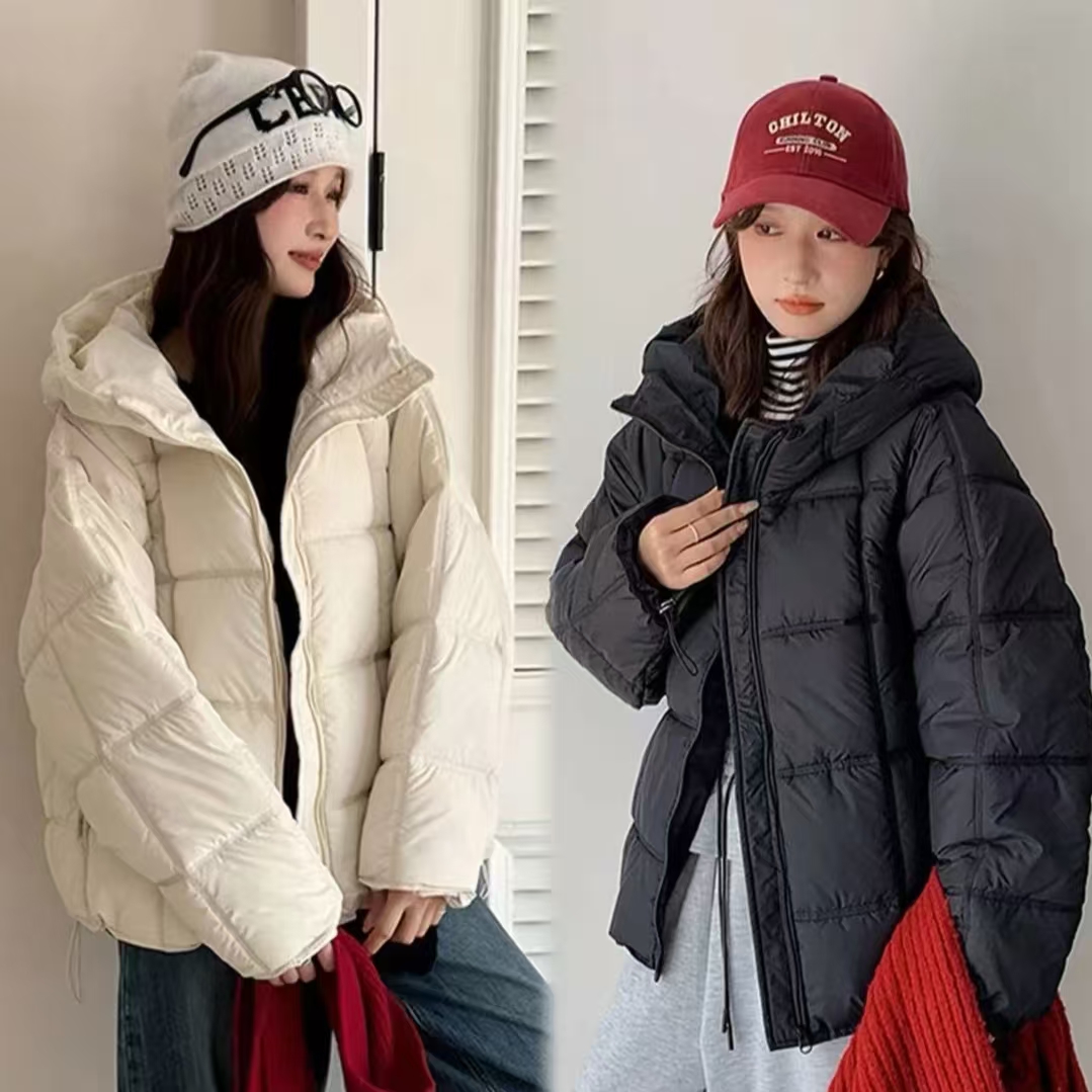 大码胖mm2025冬季新款方块连帽羽绒棉服女宽松显瘦保暖外套6119