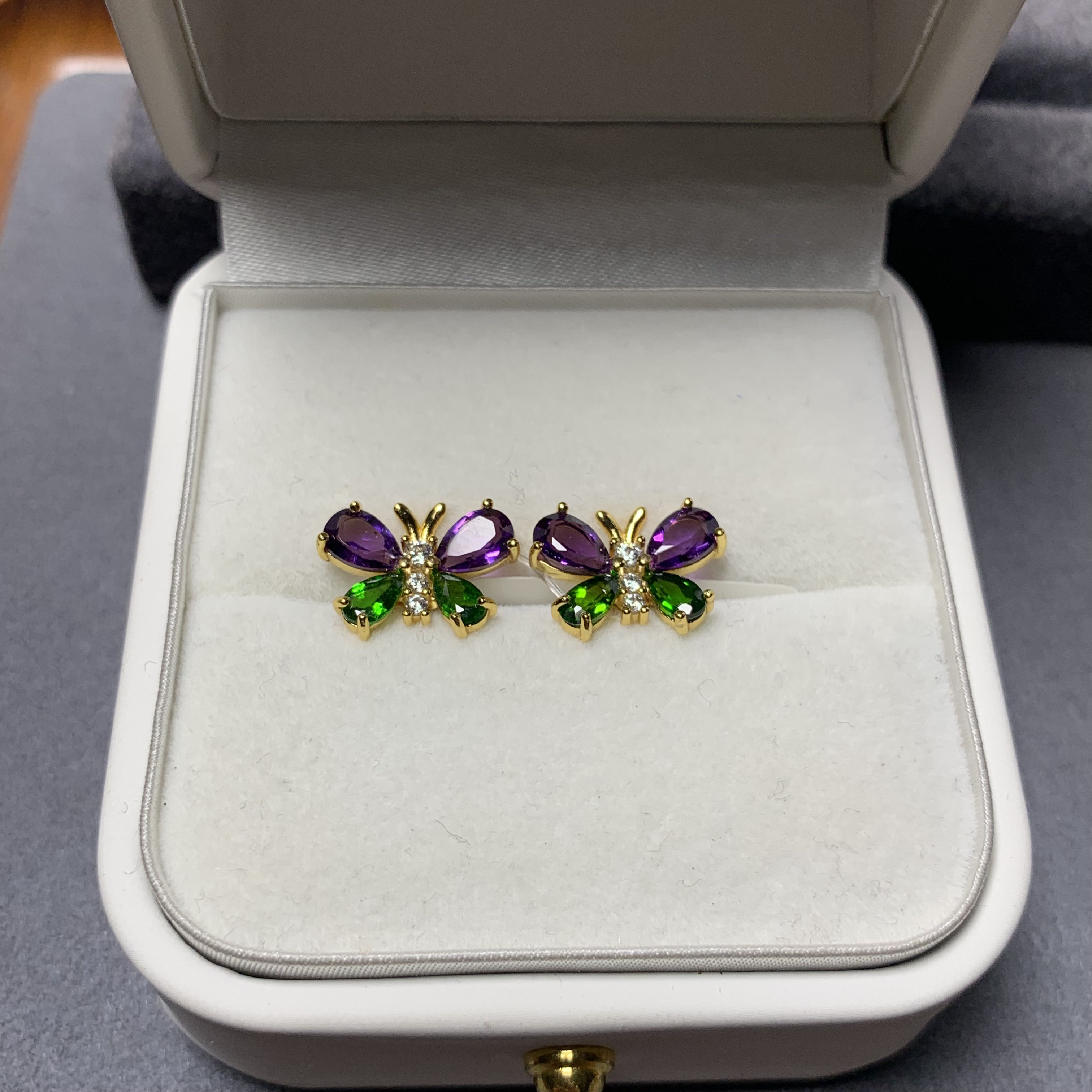 世纪珠宝S925银镀金天然紫水晶蝴蝶款耳饰 简单精致时尚