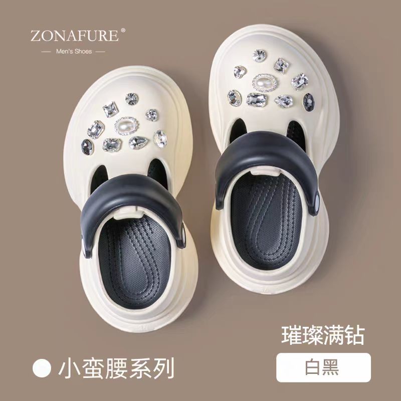 女包头压花皮一字式扣带洞洞鞋厚底凉拖鞋薄雾少女风