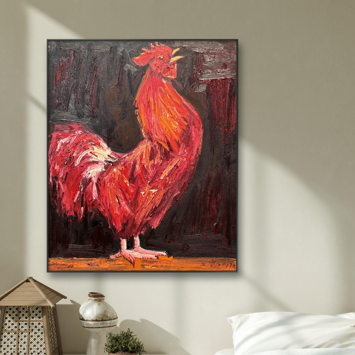 大公鸡招财纳福守平安原创油画50x60cm用于客厅卧室装饰挂画