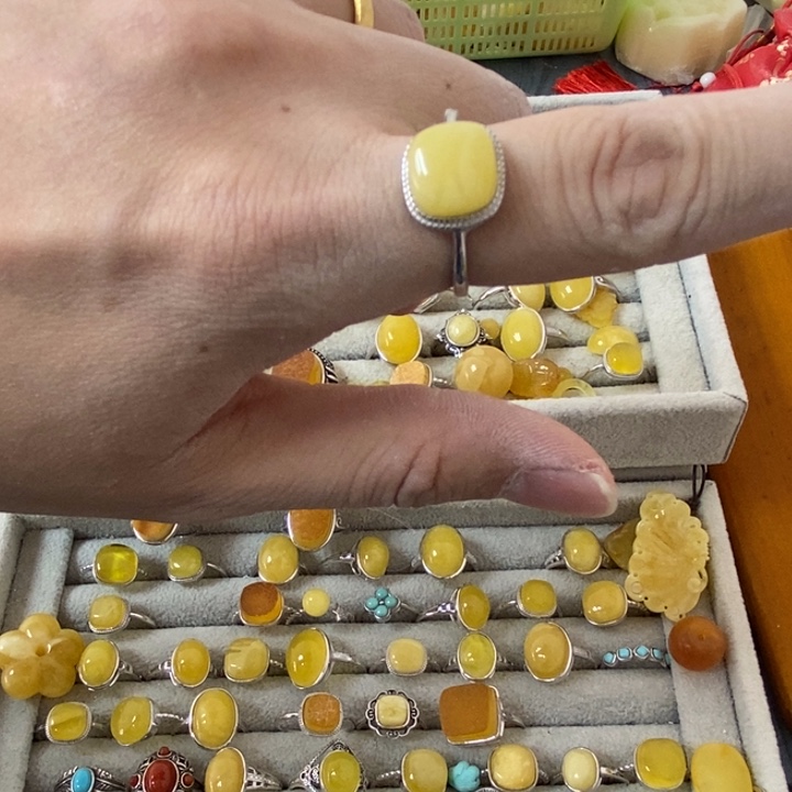 蜜蜡裸石银S925镶嵌戒指