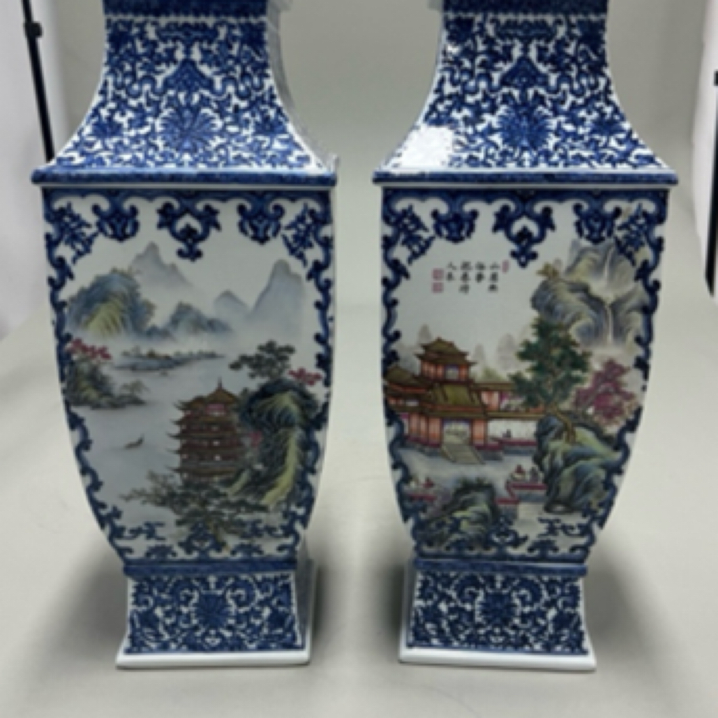 清 青花珐琅彩四大名楼四方瓶一对