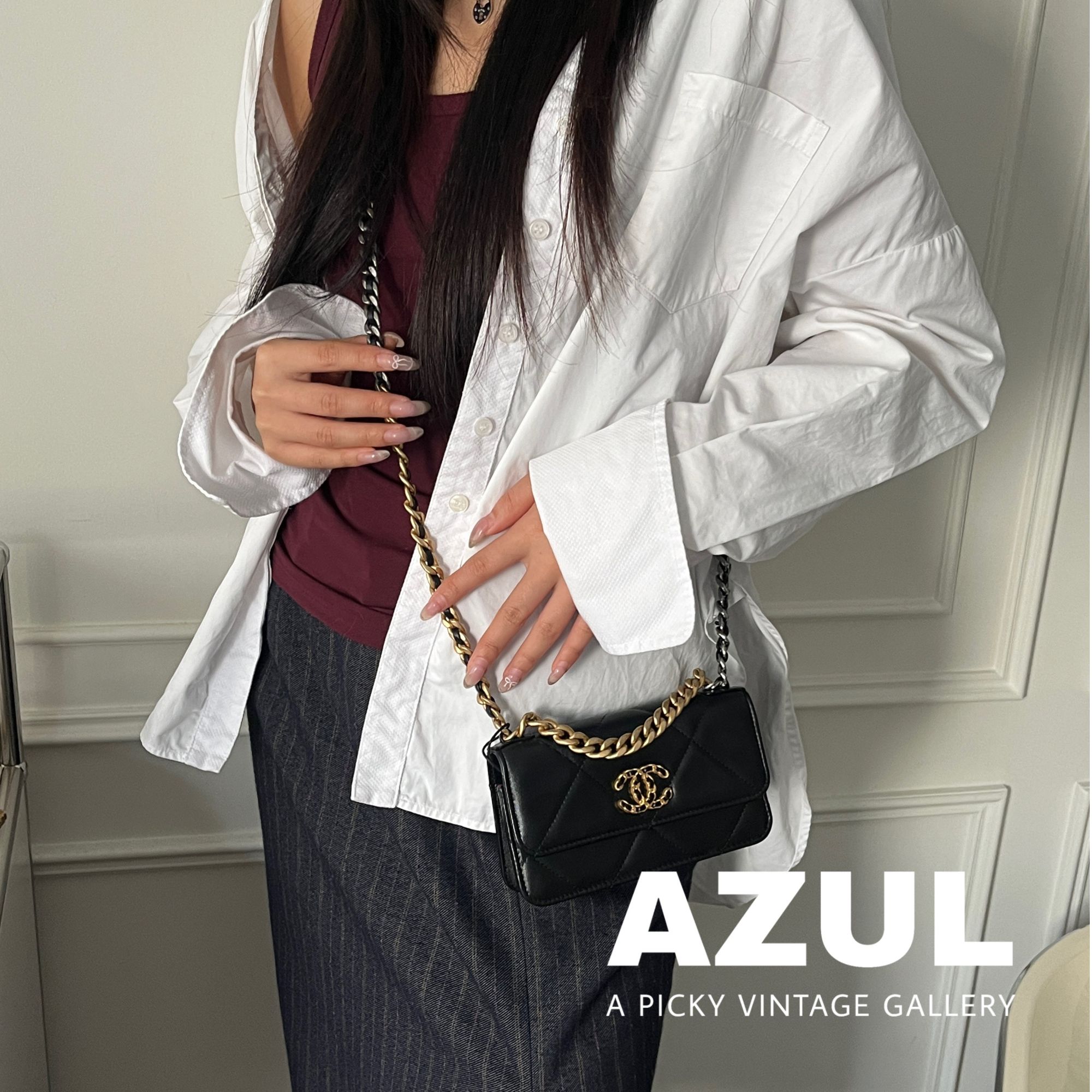 95新 Chanel/香奈儿 Azul - 黑金羊皮19 woc斜挎时尚手机包 38301