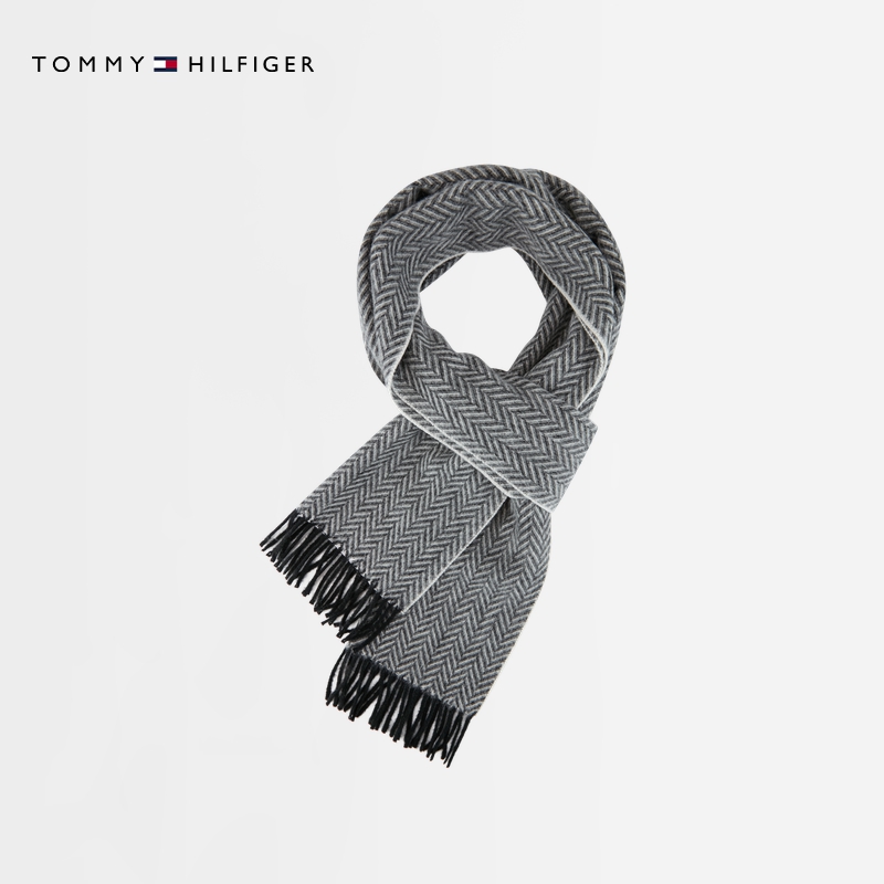 Tommy25秋冬男女同款人字纹柔软纯羊毛金属小标复古流苏围巾13593