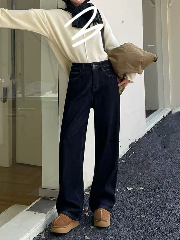 SU【692】A9   愫蕊   女2025冬季高腰特绒黑金色窄版直筒裤