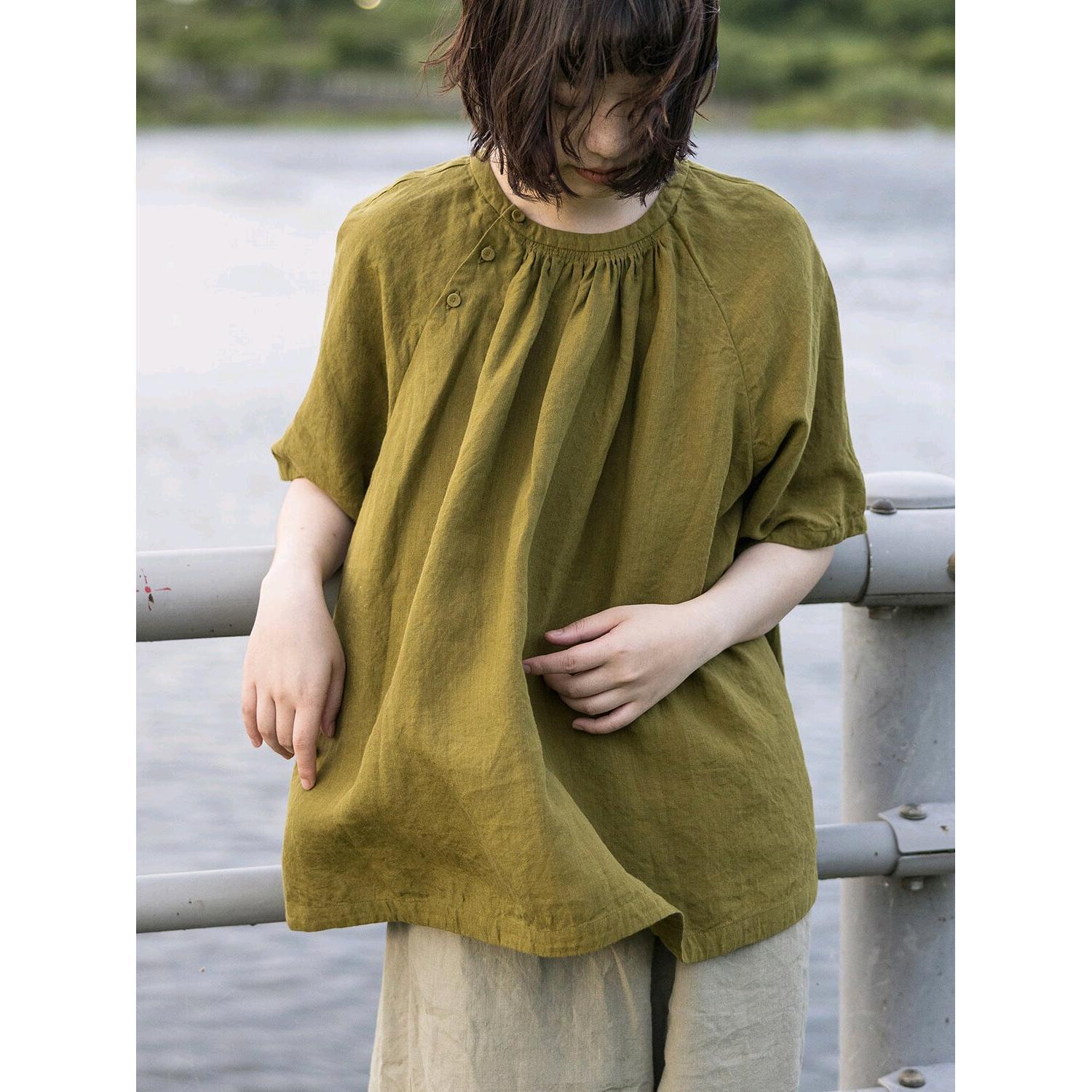 【渔岛】纯色文艺圆领亚麻褶皱宽松复古百搭轻盈减龄娃娃衫短袖衬衫