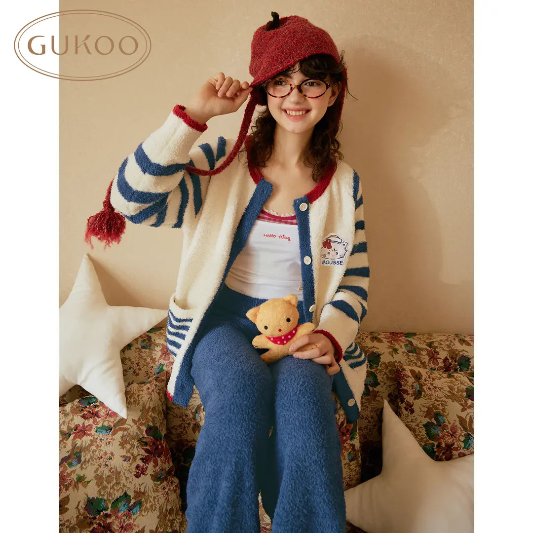 Gukoo果壳mikko联名冬季海军风半边绒保暖女士撞色家居服套装
