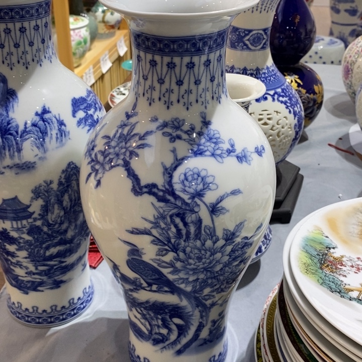 摆件陶36cm青花花鸟鱼尾