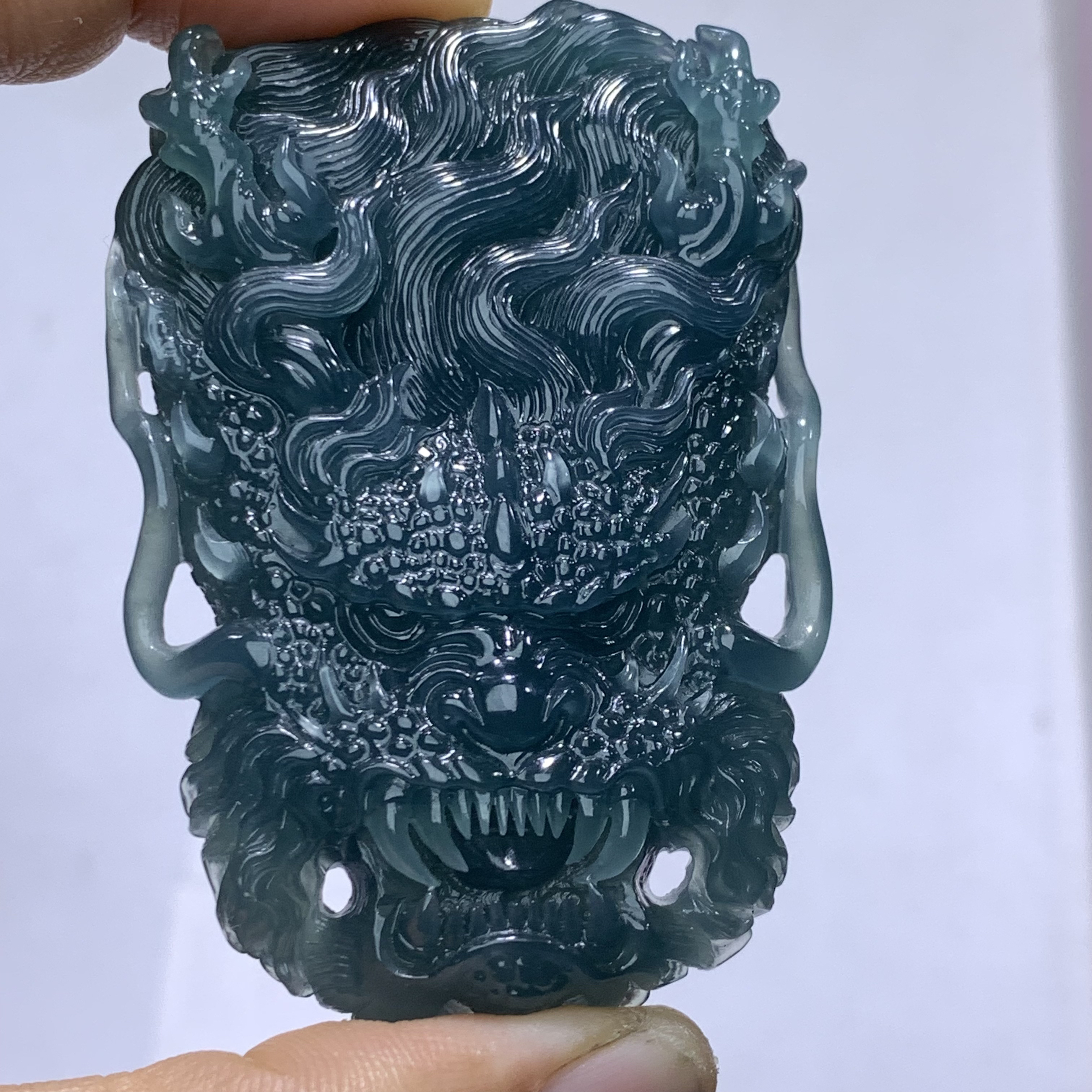 天然翡翠Ａ货老蓝水立体精雕霸气龙头