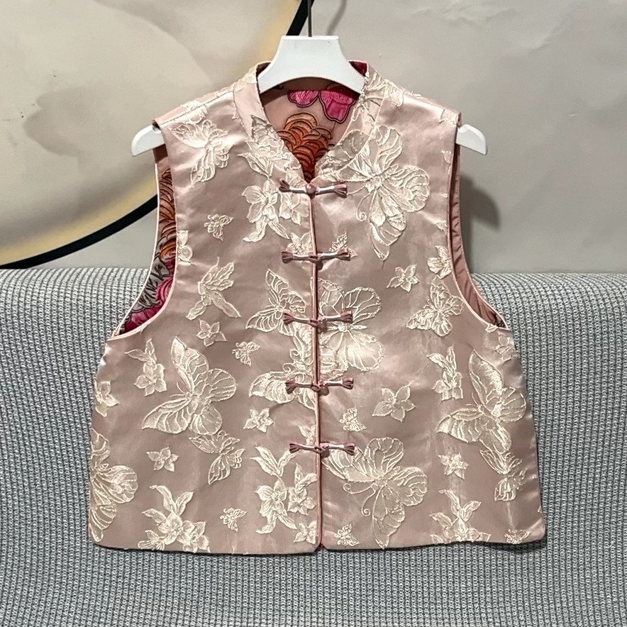 春夏秋女装马甲新中式双面复古马夹印花提花双层
