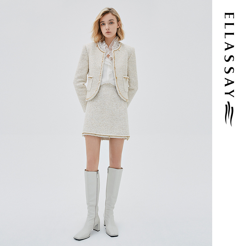 【达人专享】ELLASSAY冬季小香风粗花呢半身裙EWE334Q02600