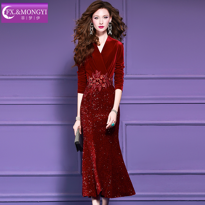 菲梦伊红色原创钉珠镶钻金丝绒连衣裙女轻熟高级收腰礼服裙66438