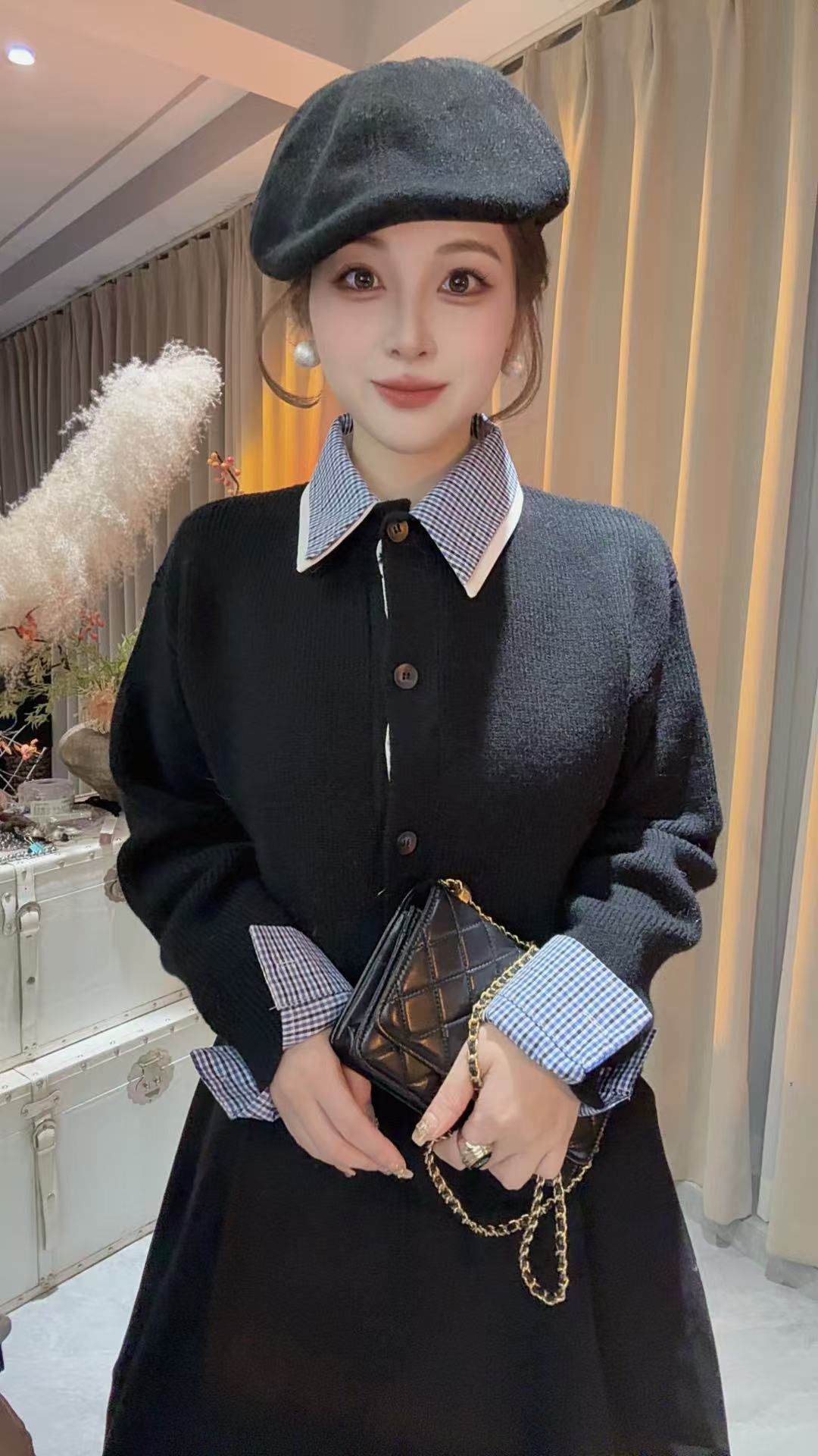 HUIHUI 学院风假两件针织拼接衬衣