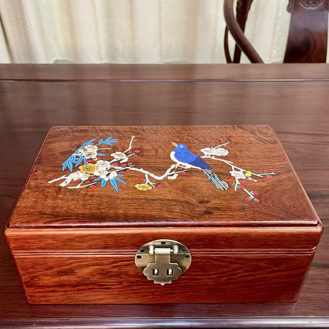 新中式大号螺钿收纳盒实木首饰盒桌面房产证收纳盒子带锁榫卯结构