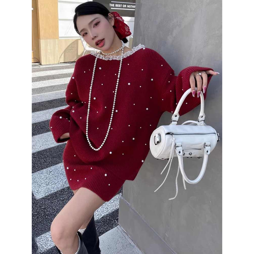 钉珠花边领宽松毛衣配半身高腰裙两件套女秋冬新款针织衫时尚套装