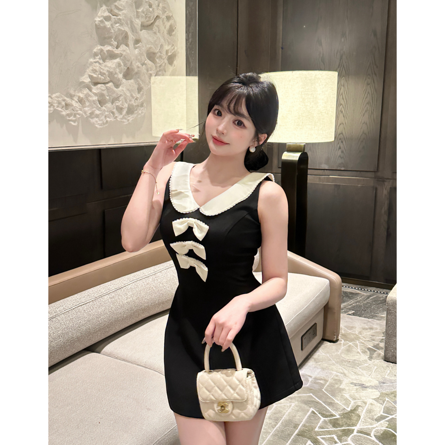 MengFairy现【香榭千金】甜美娃娃领无袖收腰显瘦连衣裙 4442欧若风