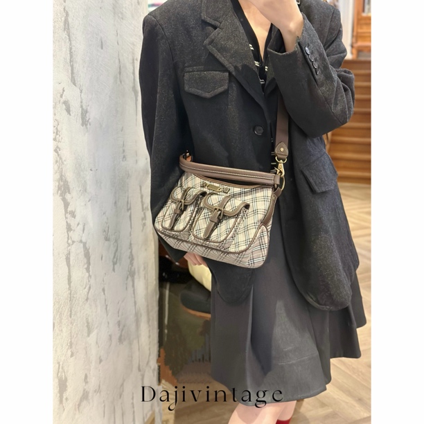 95新 BURBERRY/博柏利 大吉中古/Burberry粉棕格纹单肩斜挎包