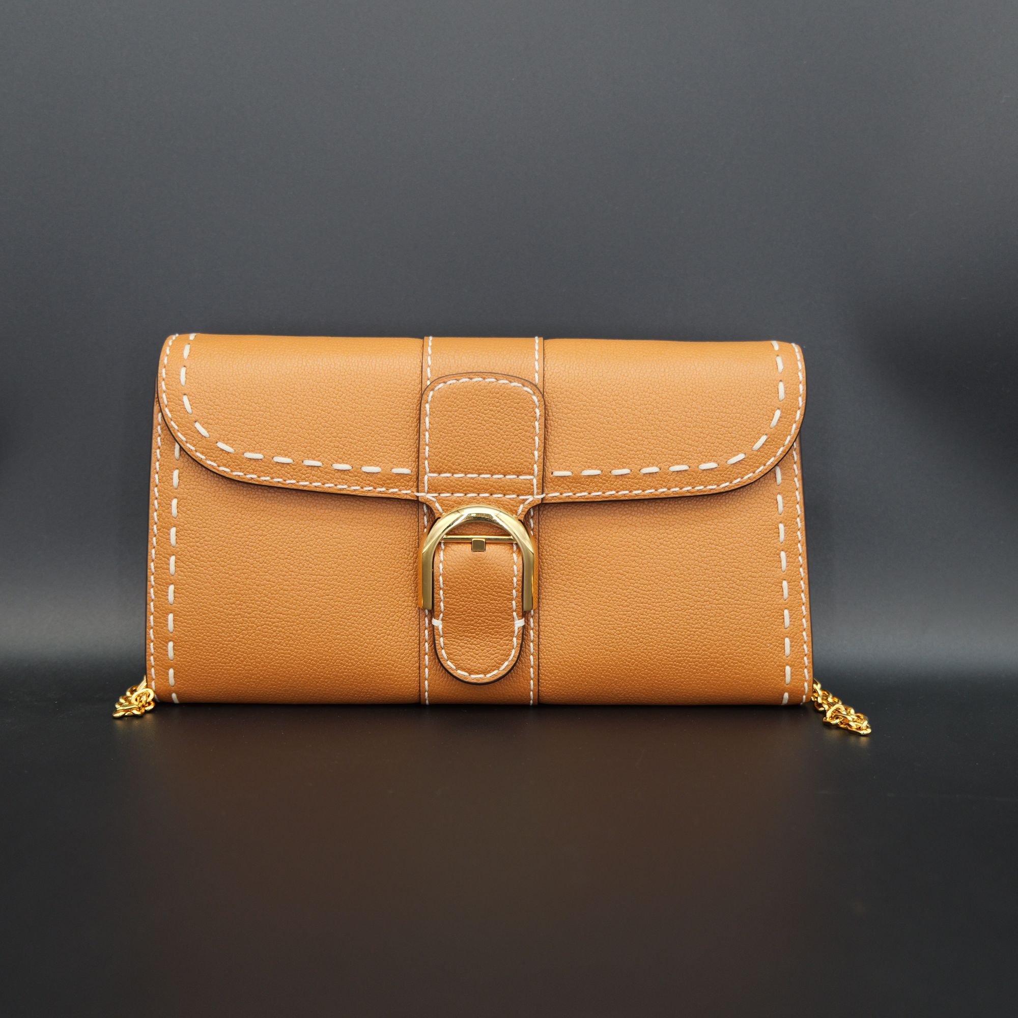 99新 Delvaux/德尔沃 (24年9月全套)金棕外缝链条包woc斜挎包230