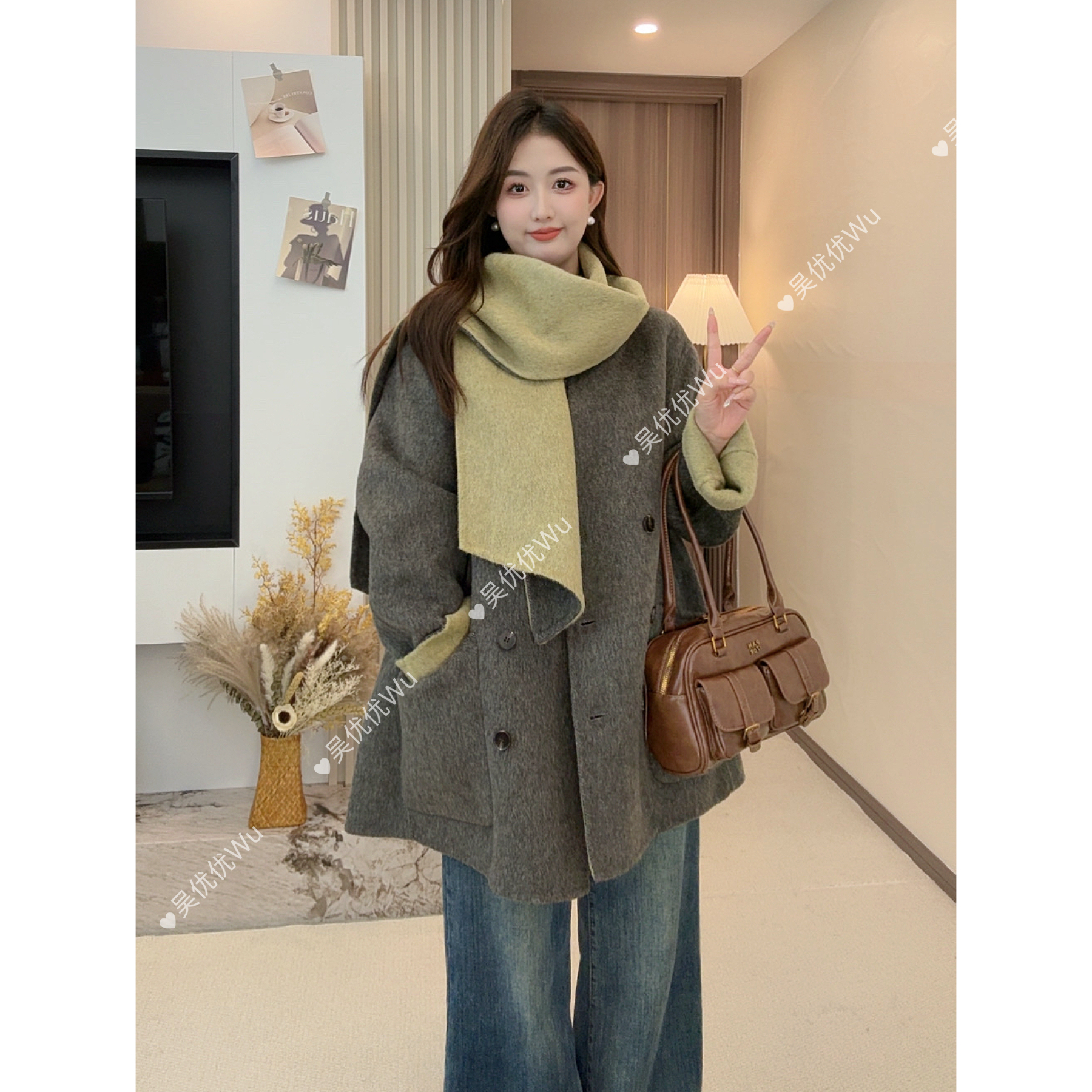 可拆卸围巾款25年秋冬双面羊毛中长款百搭小个子加厚毛呢外套女