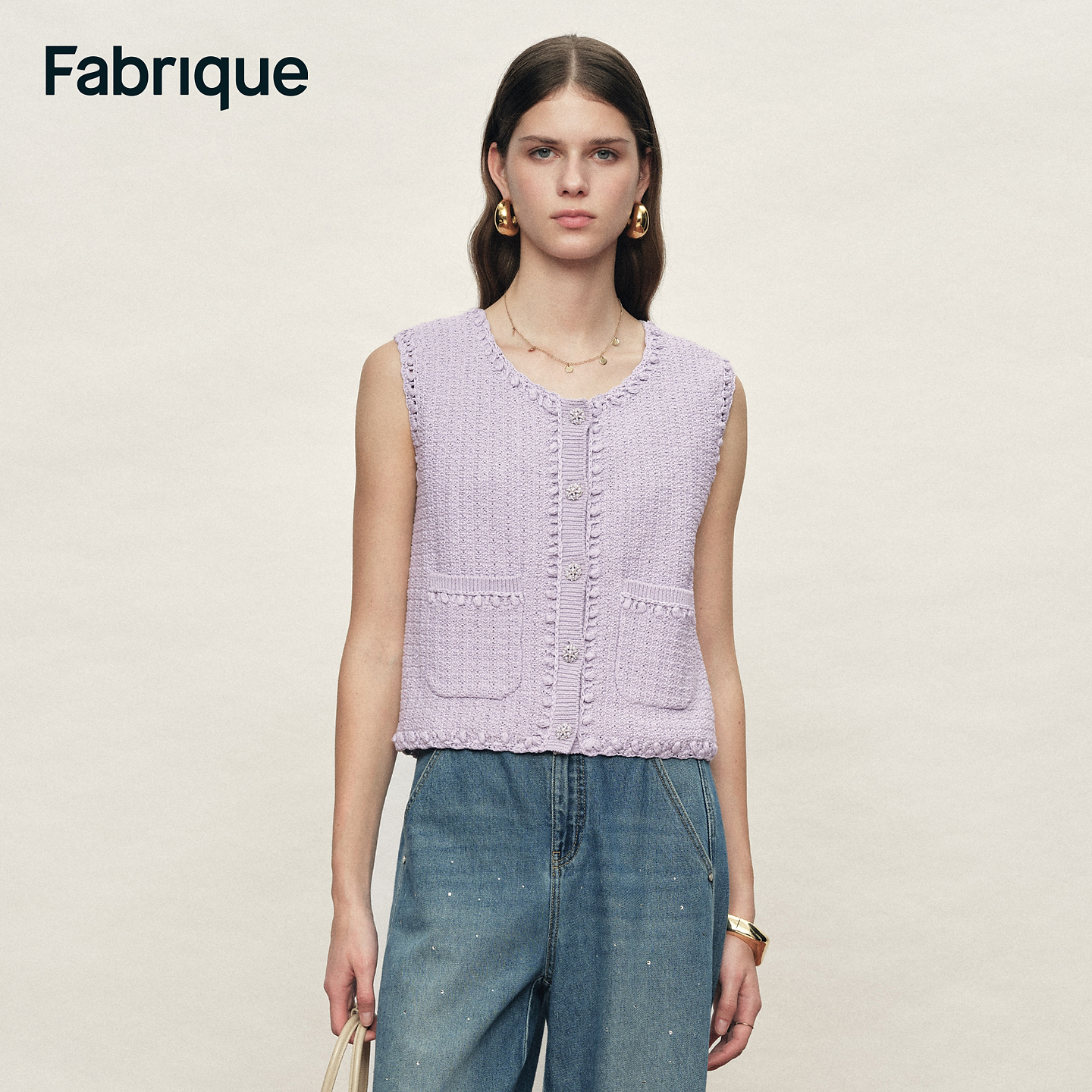 Fabrique Jinelle 两色手工钩针花边肌理感针织马甲背心