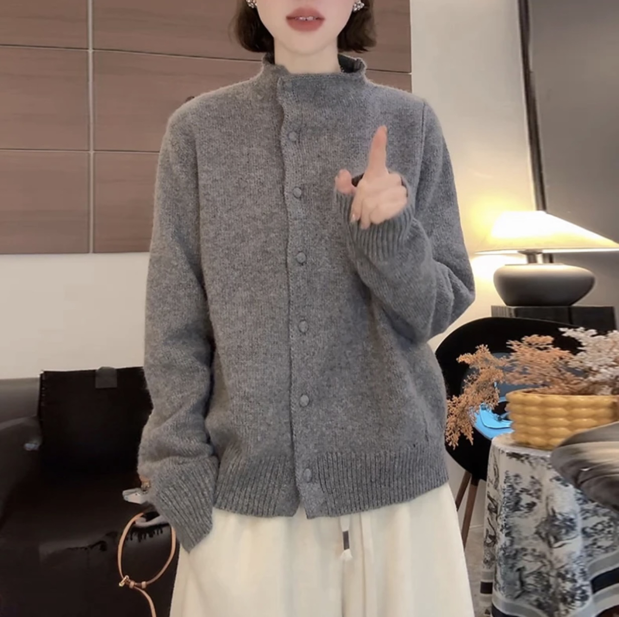 【鱼骨包扣】半高领厚款单排扣小个子慵懒针织开衫女毛衣秋冬新款